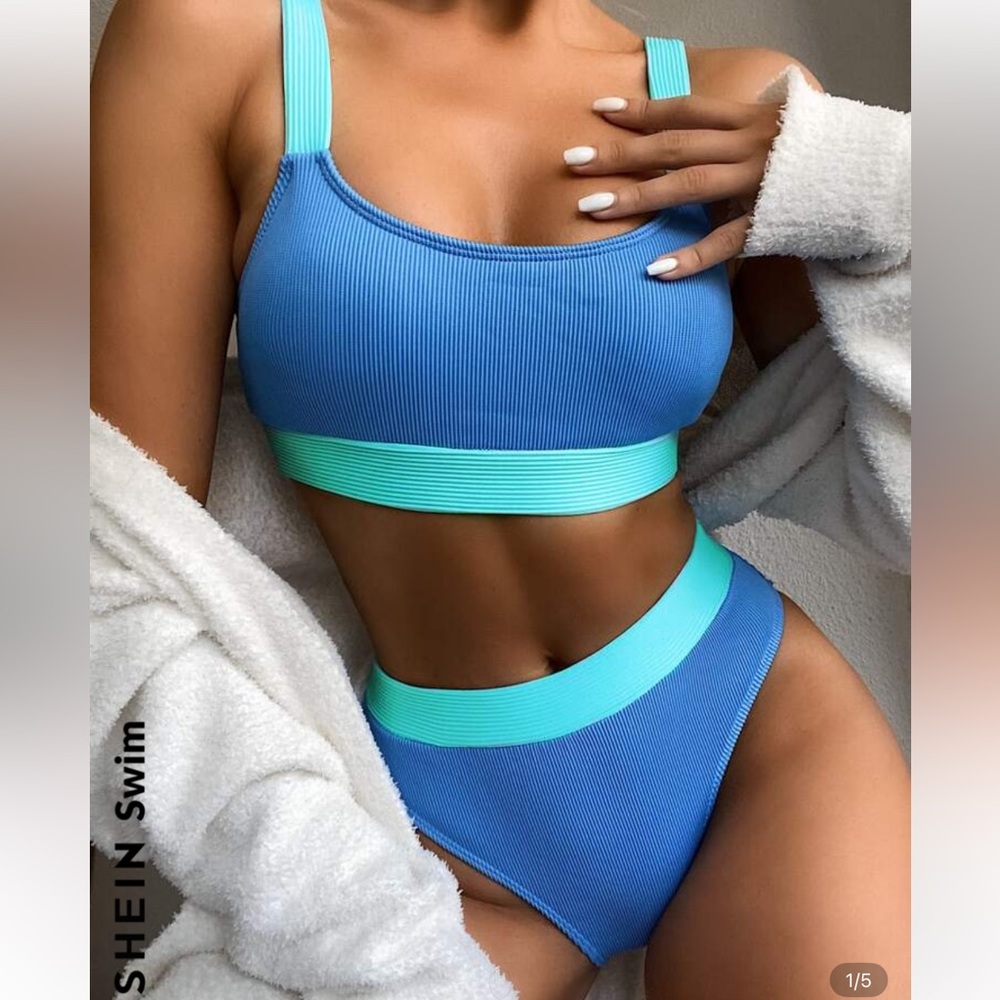 2 tone color block blue ribbed high waisted shein bikini set cheeky
